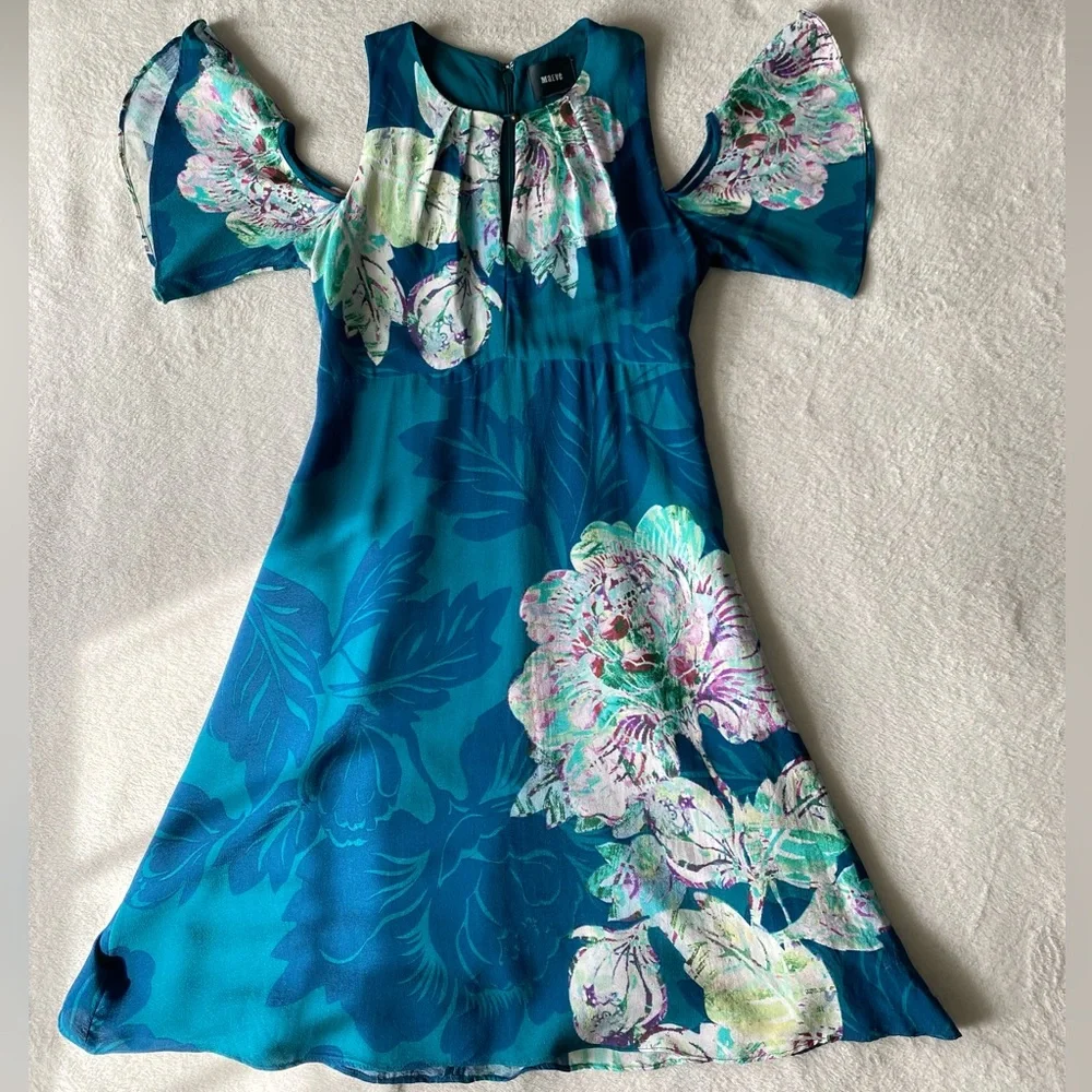 Anthropologie Maeve Elia Open Shoulder Dress Blue Floral Lined Sz 0 - Picture 8 of 16